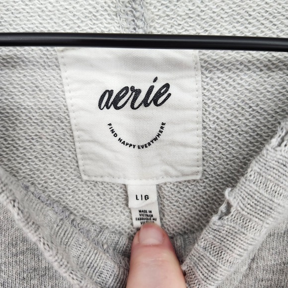 Aerie Gray Cozy Crewneck Sweatshirt Womens Large Oversized Distressed Raw Hem - Picture 5 of 10